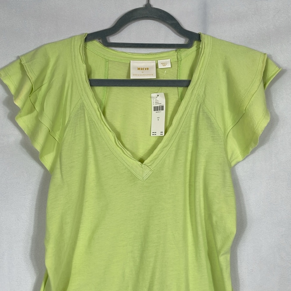 Anthropologie Maeve Flutter Sleeve Tee NWT Size S Chartreuse - Picture 2 of 10